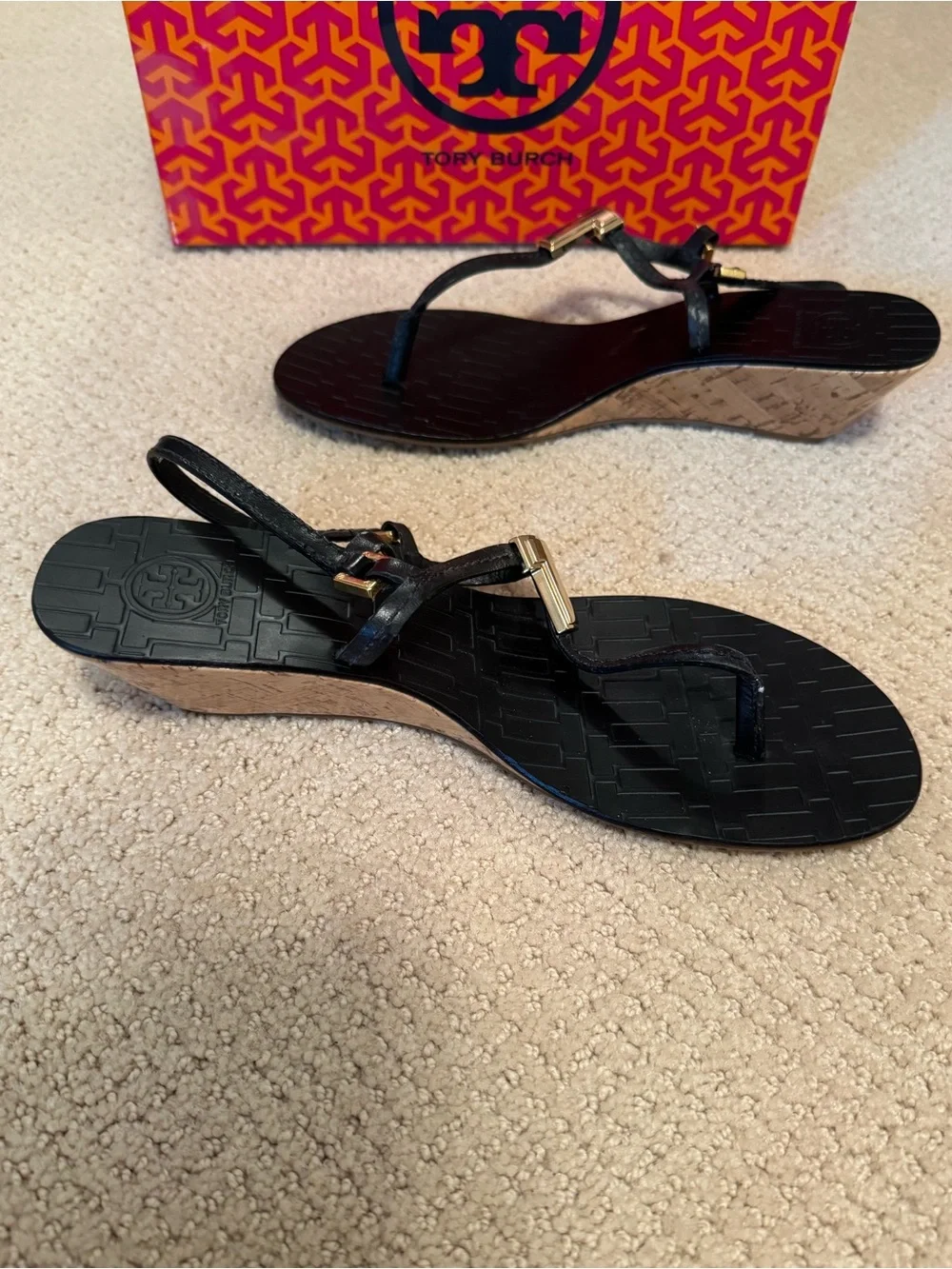 Tory Burch Black Sandals with Cork Platform and Gold Hardware Size 8.5